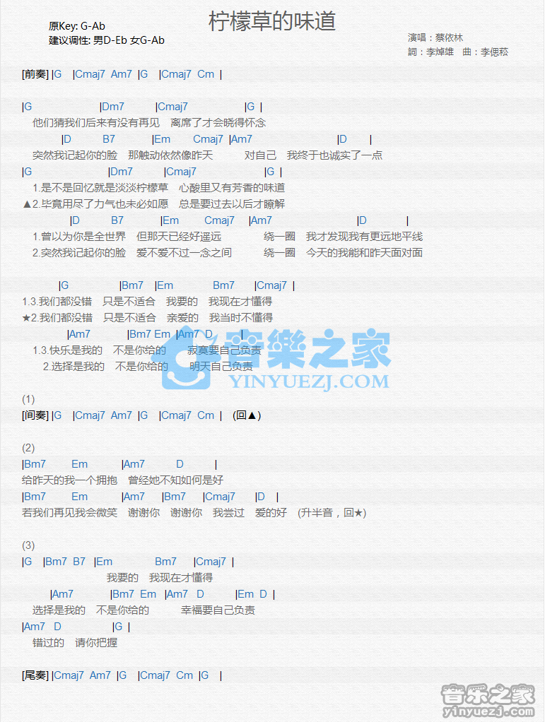 蔡依林《柠檬草的味道》尤克里里谱