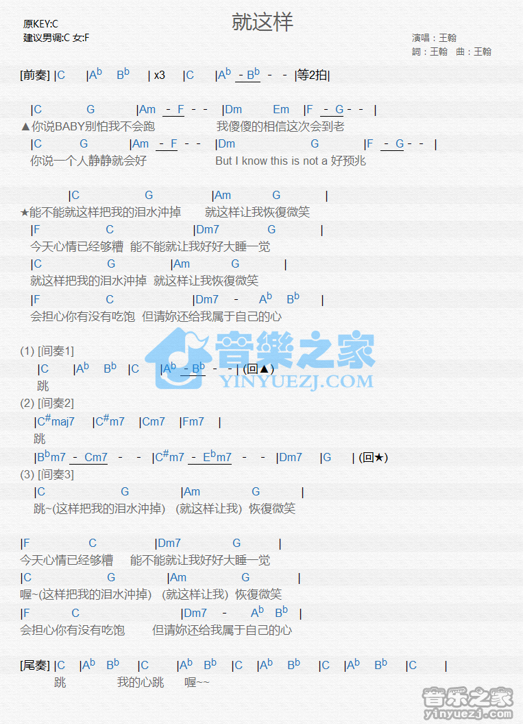 王翰《就这样》尤克里里谱