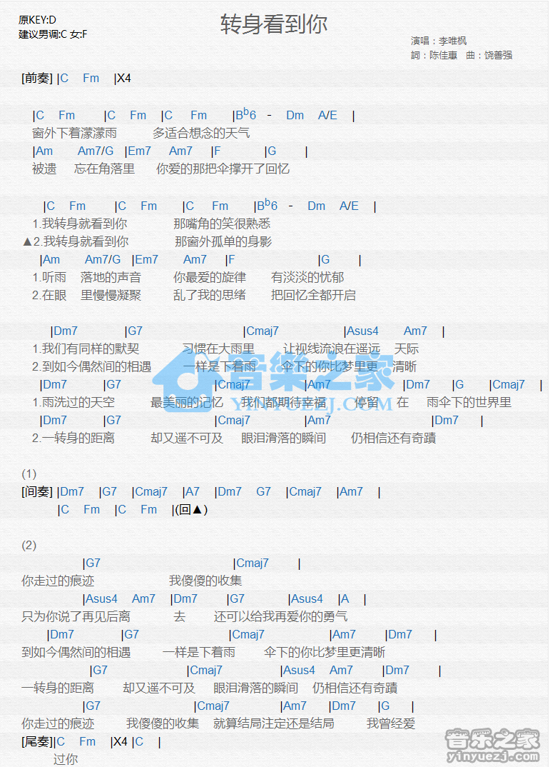 李唯枫《转身看到你》尤克里里谱