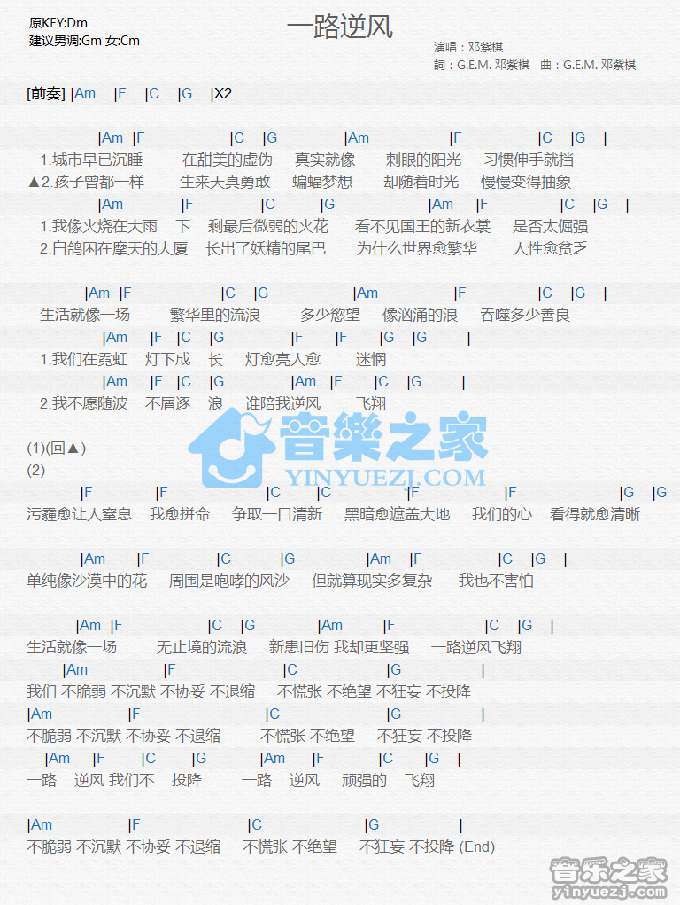 邓紫棋《一路逆风》尤克里里谱