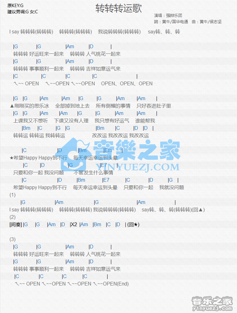 强辩乐团《转转转运歌》尤克里里谱