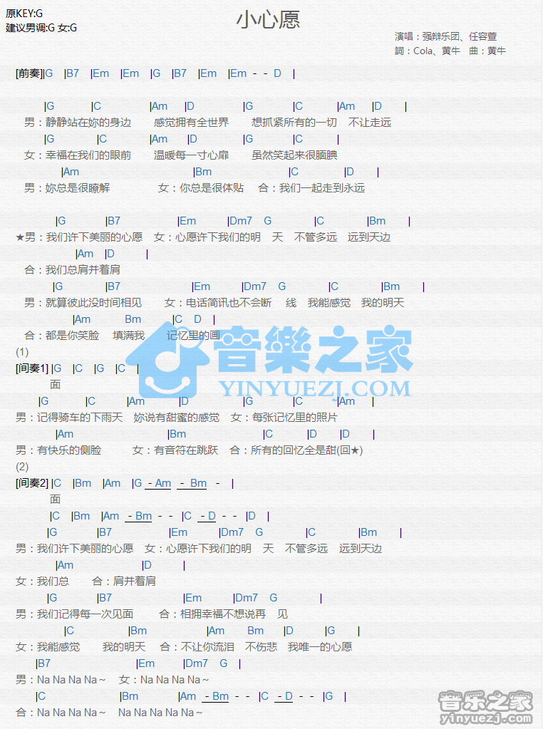 强辩乐团/任容萱《小心愿》尤克里里谱