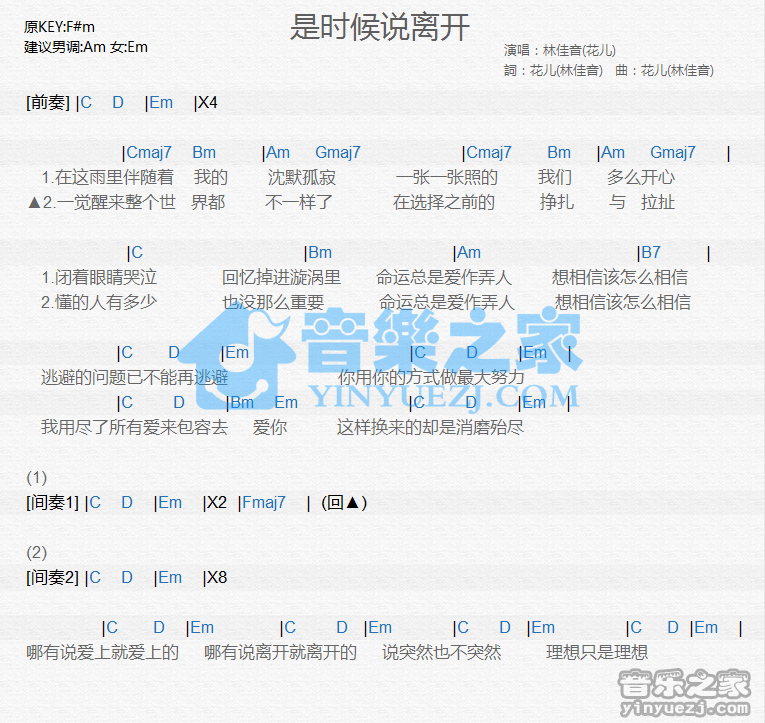 林佳音《是时候说离开》尤克里里谱