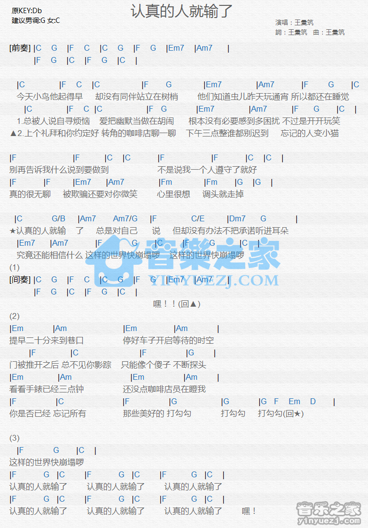 王汇筑《认真的人就输了》尤克里里谱