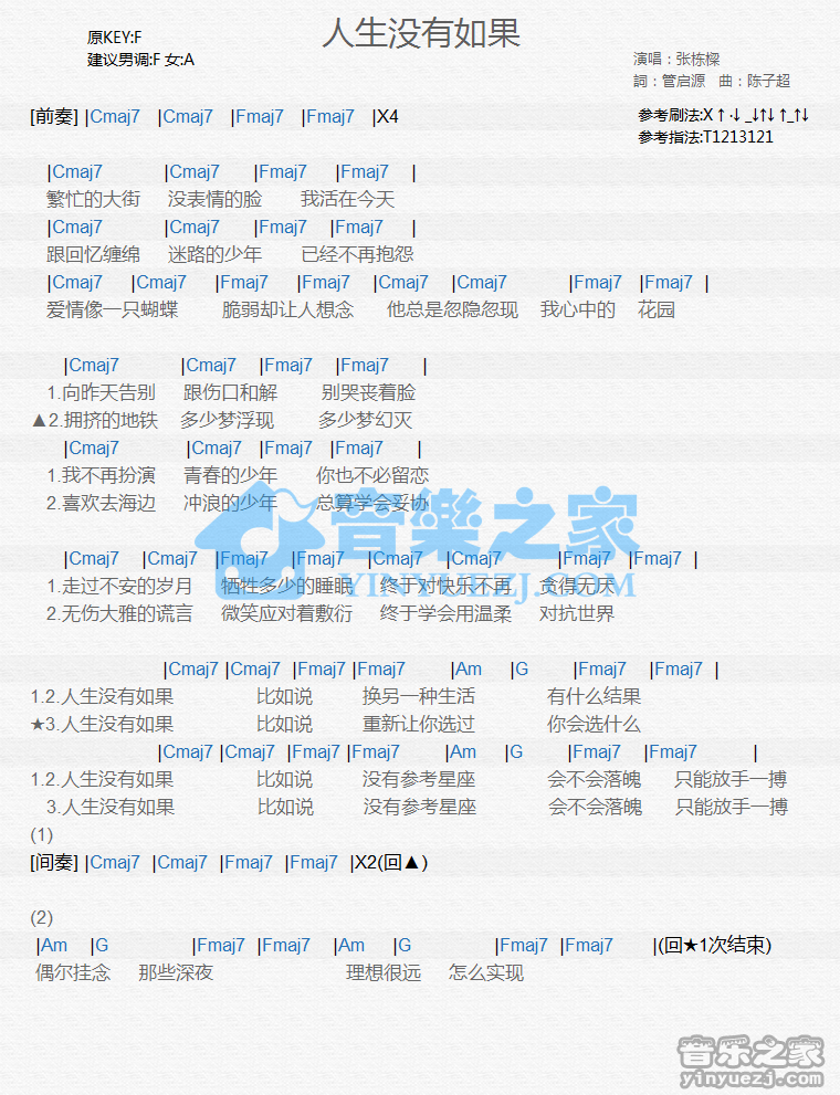 张栋梁《人生没有如果》尤克里里谱