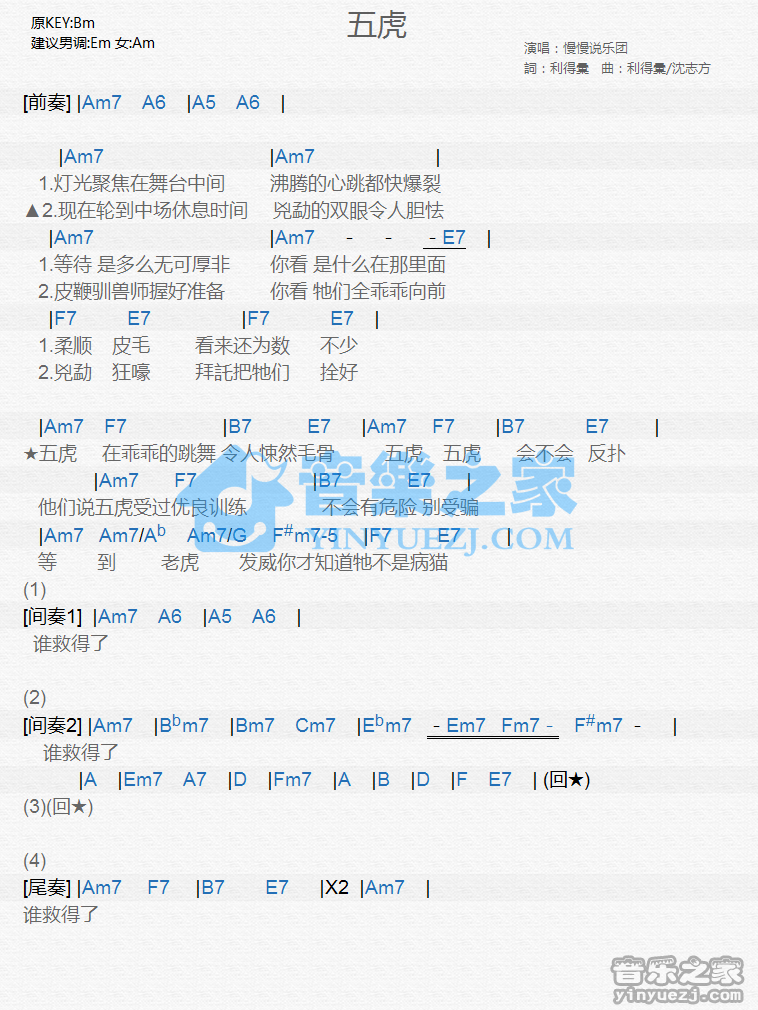 慢慢说《五虎》尤克里里谱