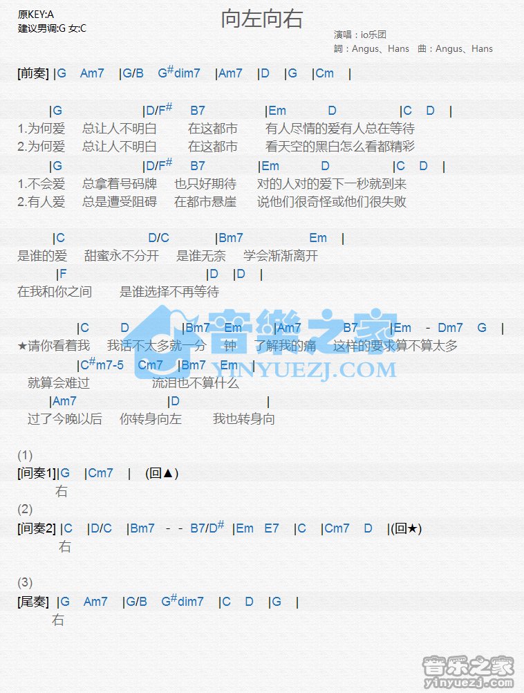io乐团《向左向右》尤克里里谱