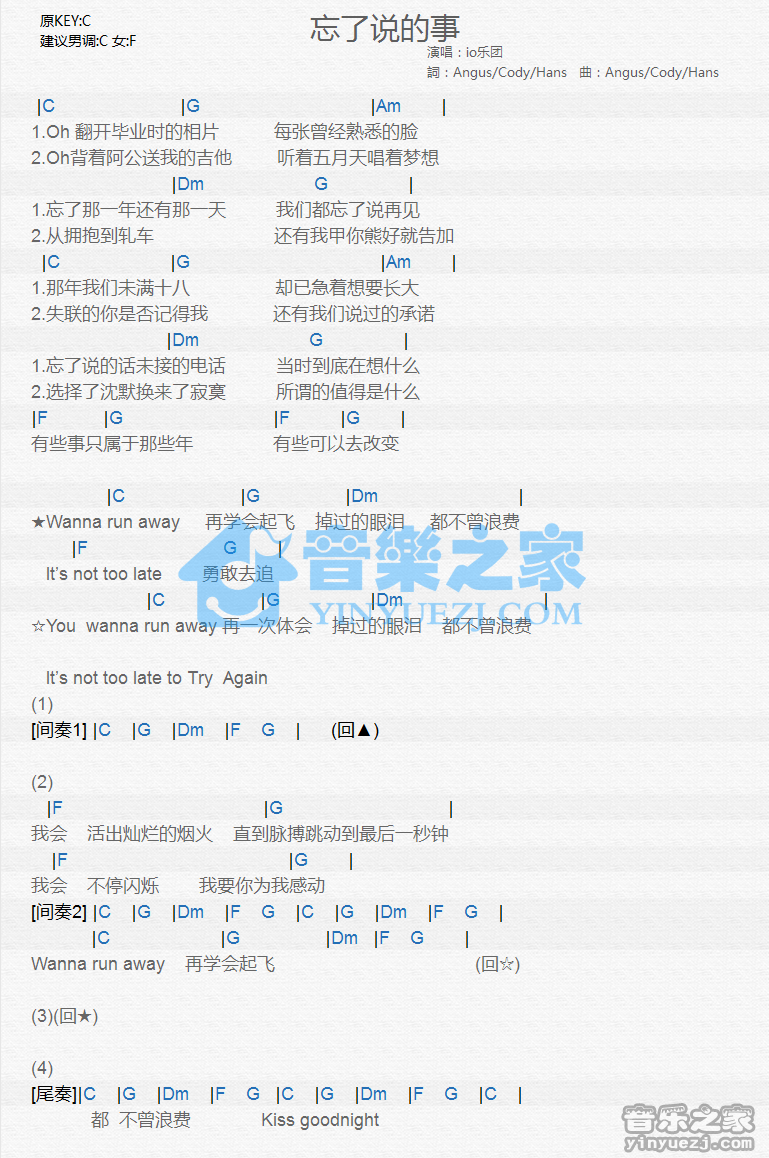 io乐团《忘了说的事》尤克里里谱