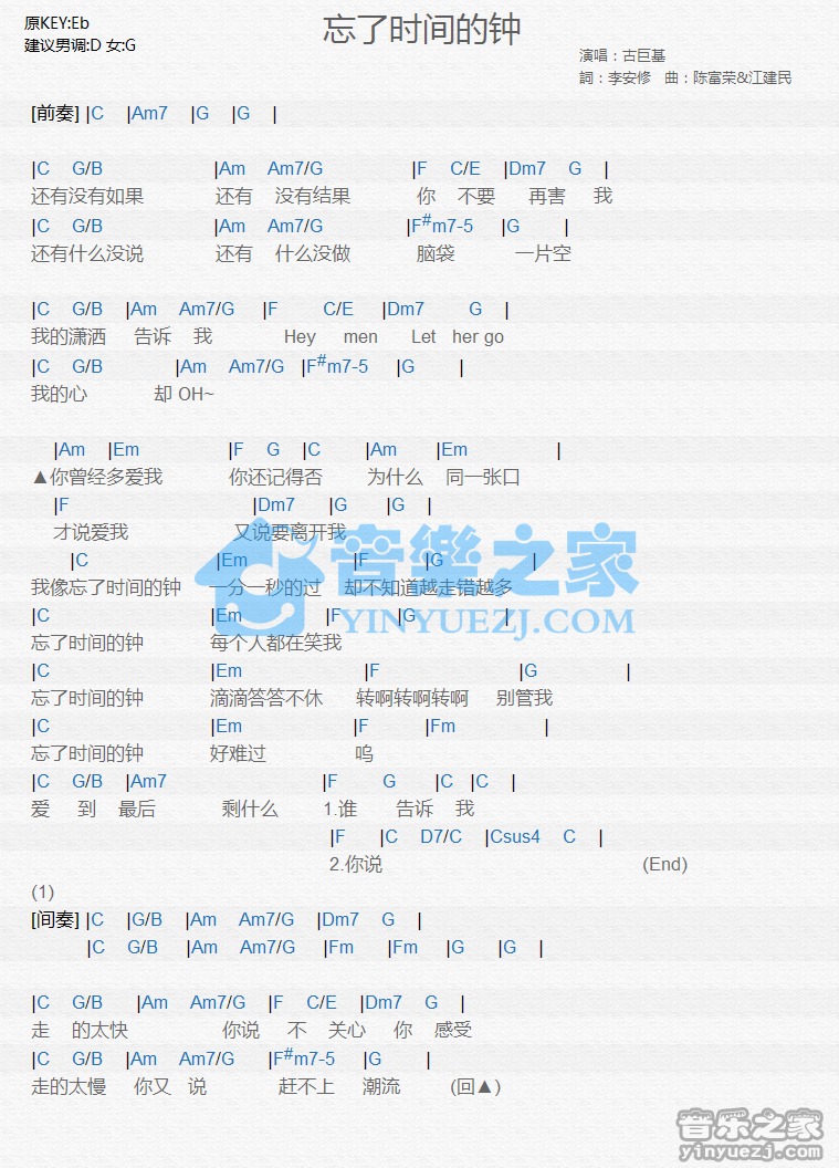 古巨基《忘了时间的钟》尤克里里谱