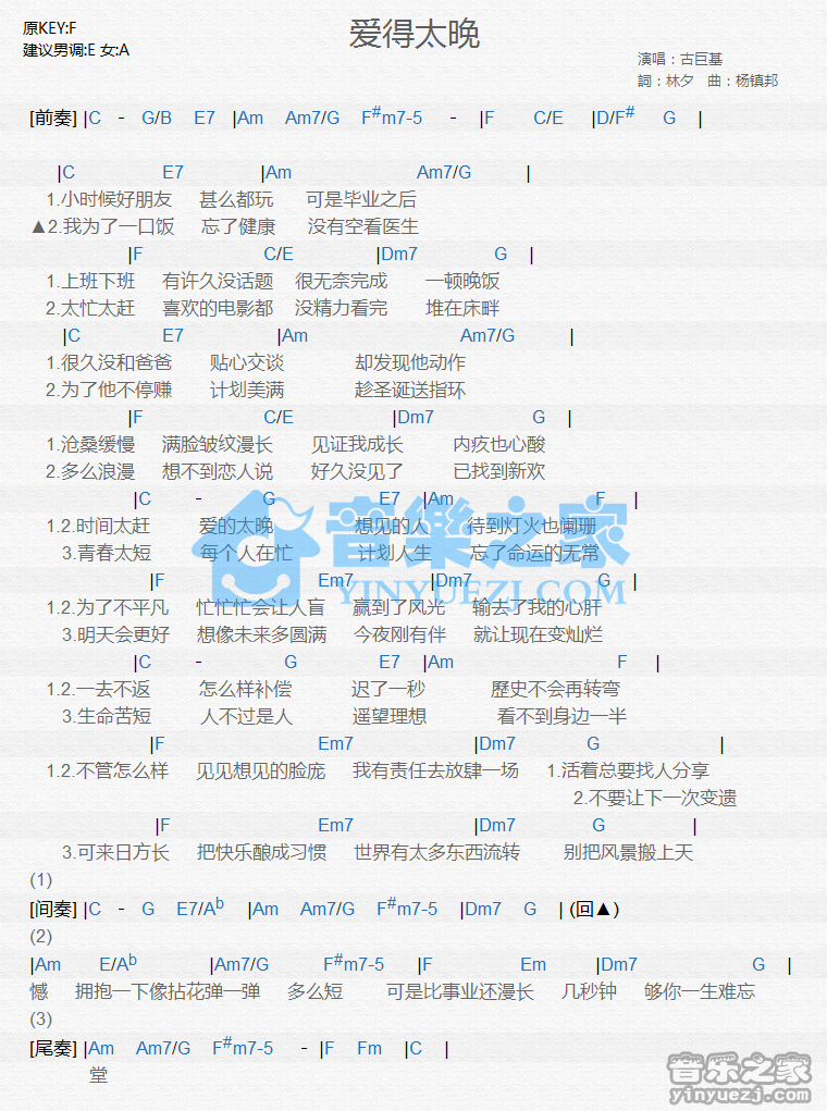 古巨基《爱的太晚》尤克里里谱