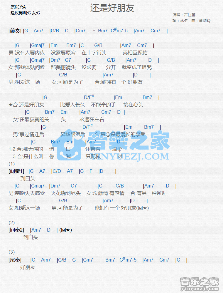 古巨基《还是好朋友》尤克里里谱