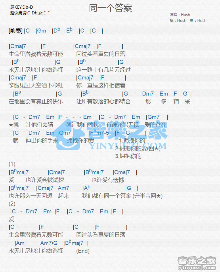 Hush《同一个答案》尤克里里谱