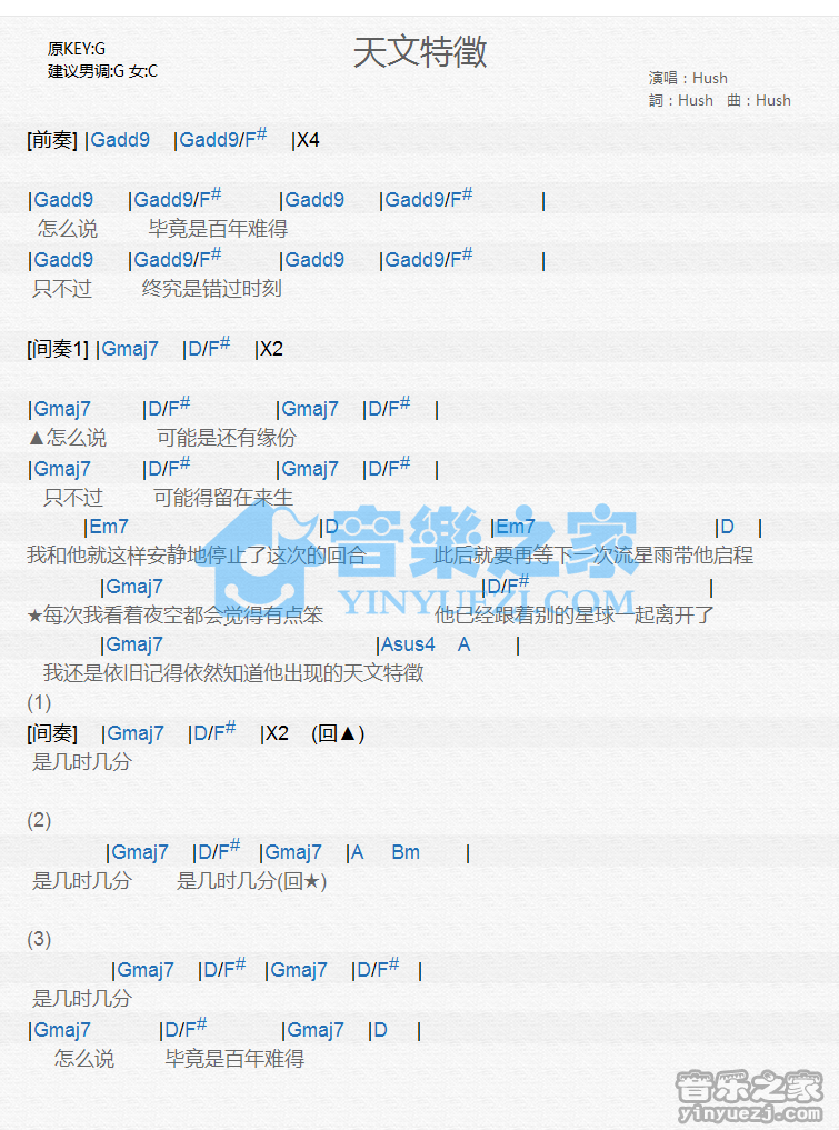 Hush《天文特征》尤克里里谱
