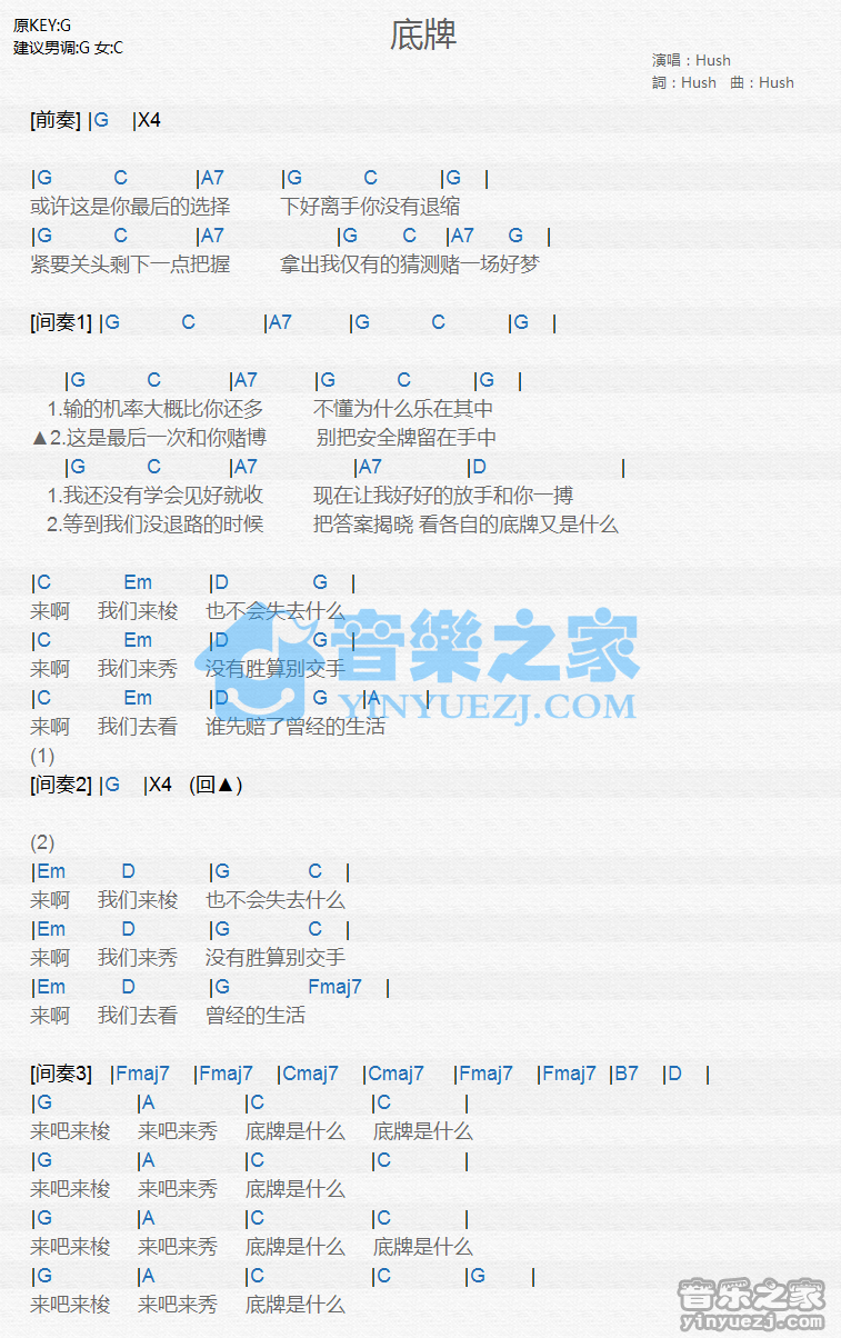 Hush《底牌》尤克里里谱