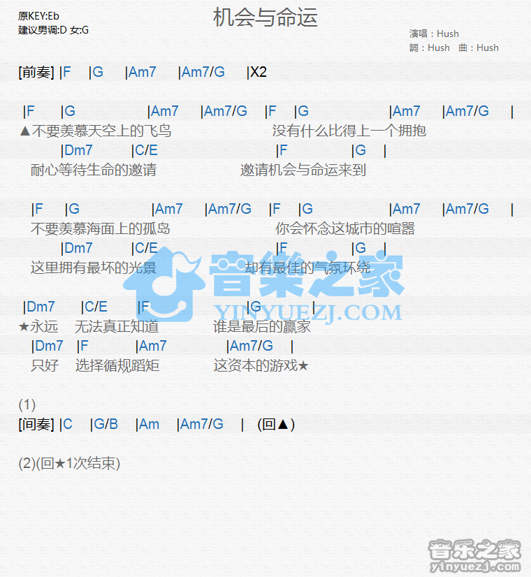 Hush《机会与命运》尤克里里谱