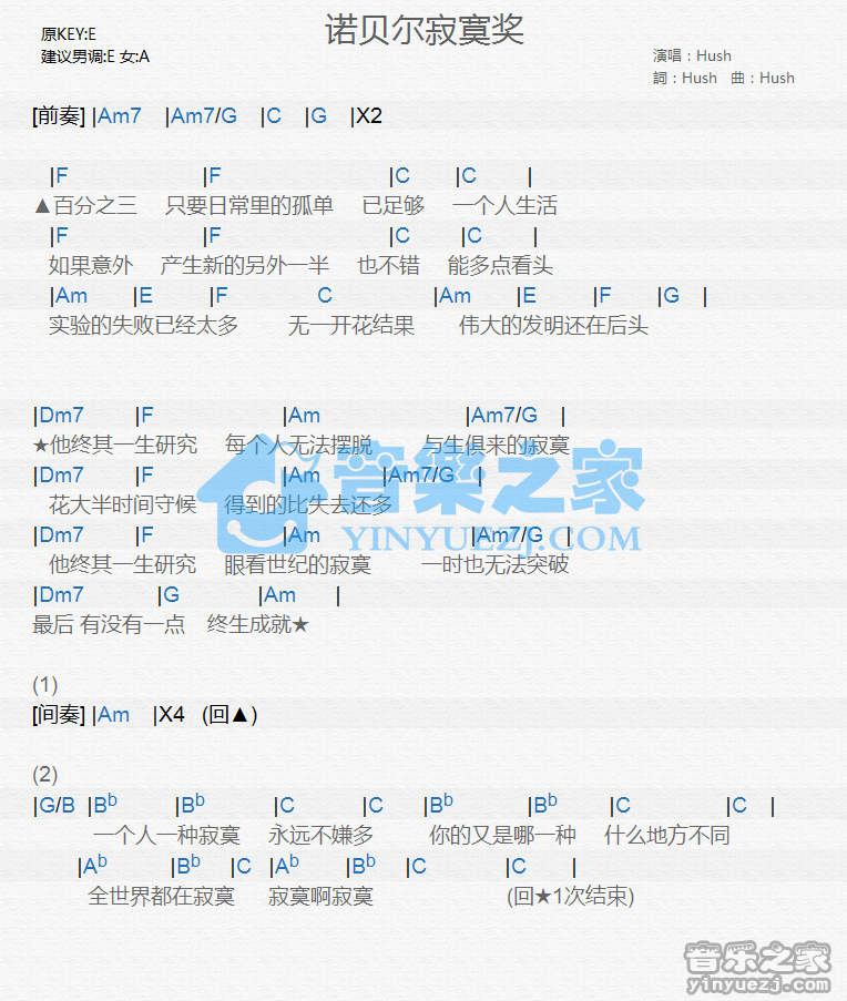 Hush《诺贝尔寂寞奖》尤克里里谱
