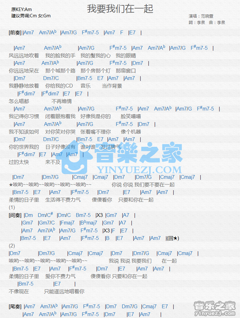 范晓萱《我要我们在一起》尤克里里谱