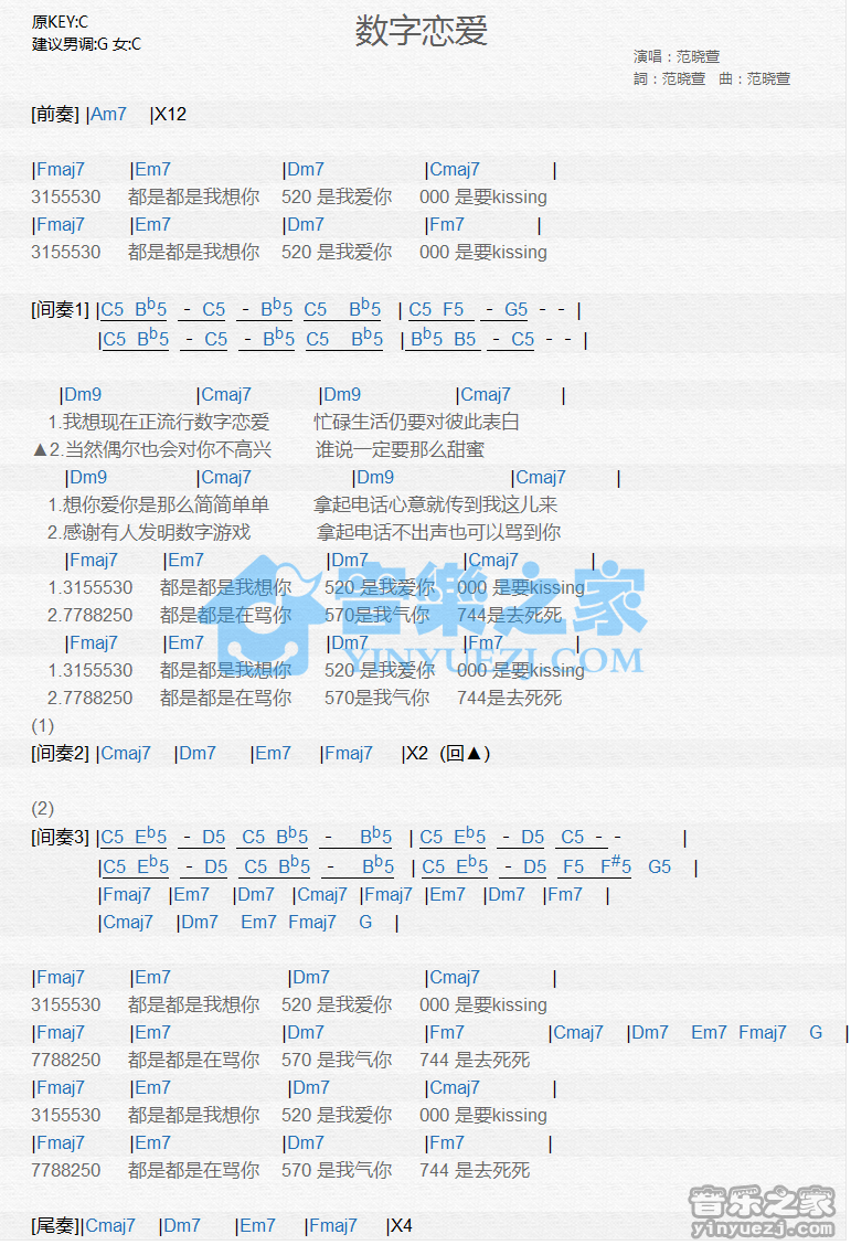范晓萱《数字恋爱》尤克里里谱