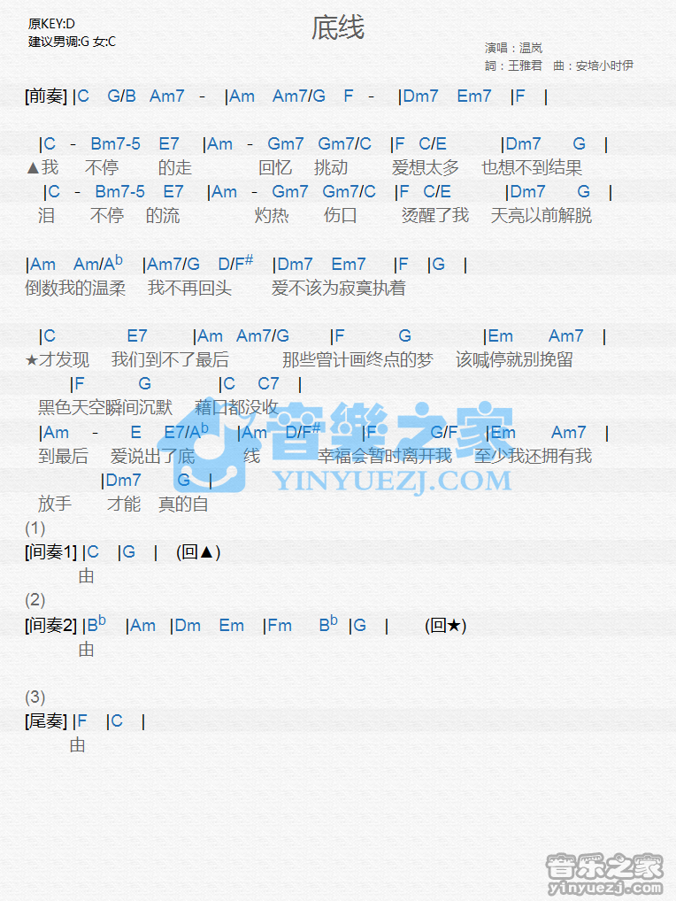 温岚《底线》尤克里里谱