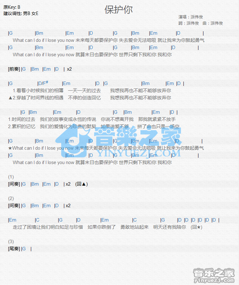 派俊伟《保护你》尤克里里谱