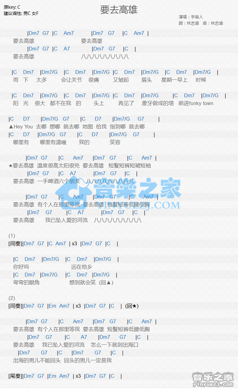 宇宙人《要去高雄》尤克里里谱