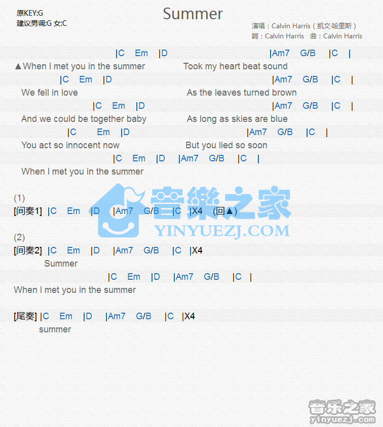 Calvin Harris《Sunmmer》尤克里里谱