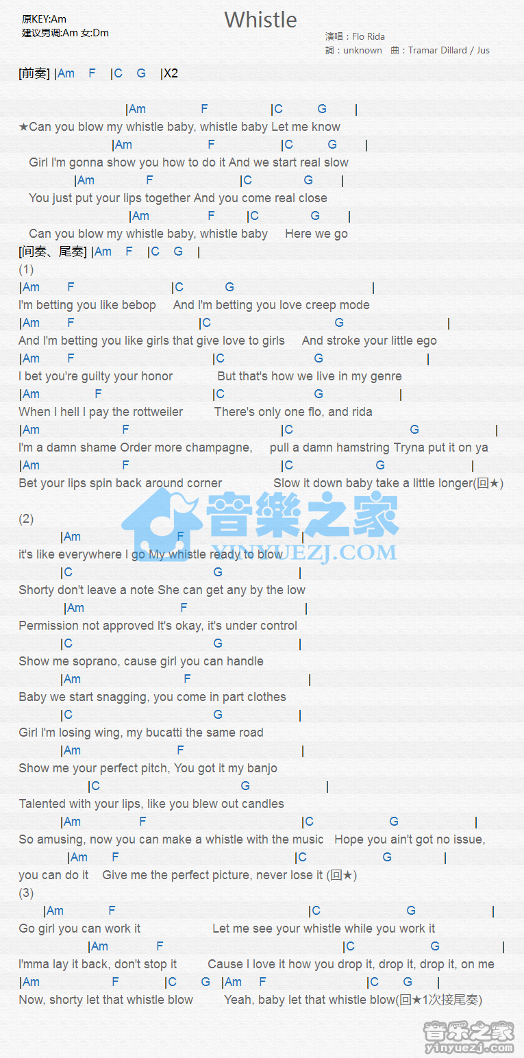 Flo Rida《Whistle》尤克里里谱
