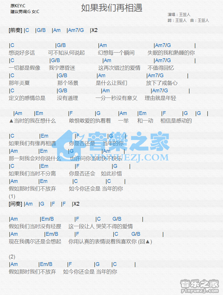 王笠人《如果我们再相遇》尤克里里谱