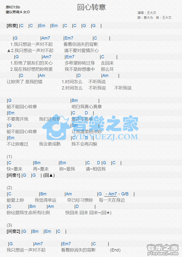 王大文《回心转意》尤克里里谱