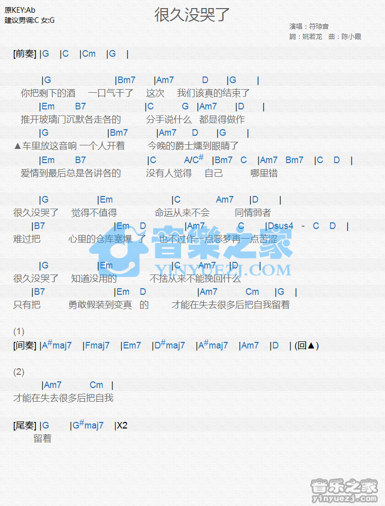 符琼音《很久没哭了》尤克里里谱