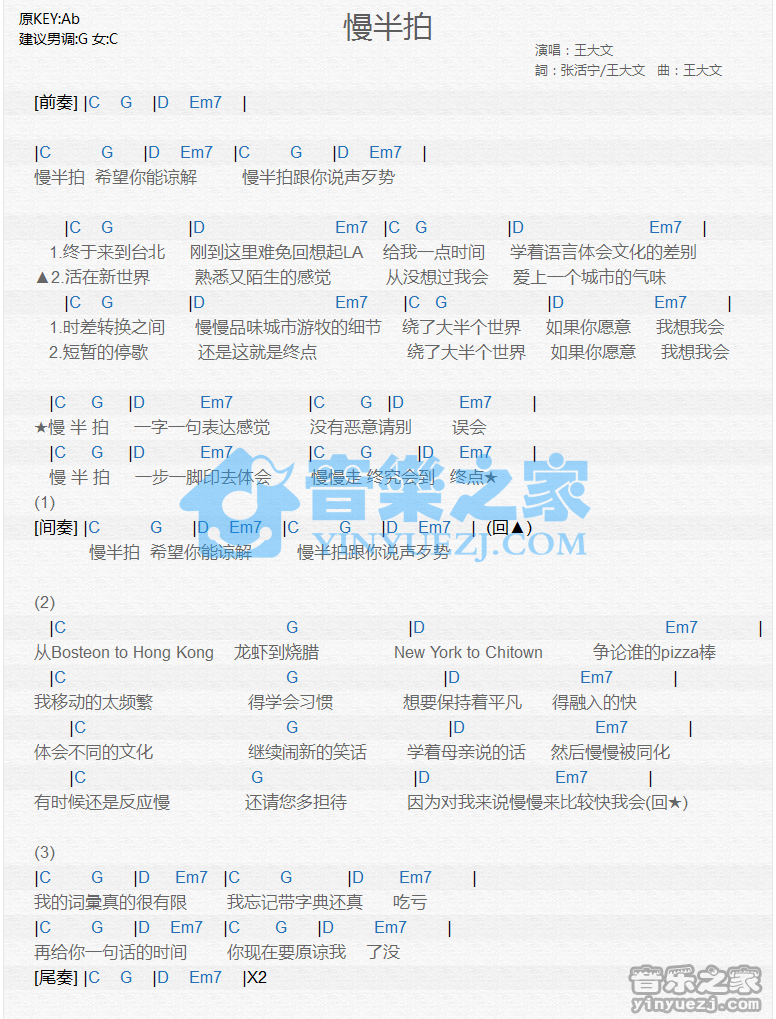 王大文《慢半拍》尤克里里谱