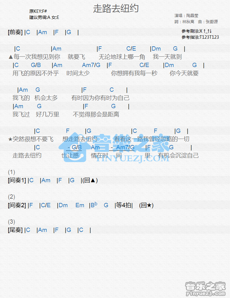 陶晶莹《走路去纽约》尤克里里谱