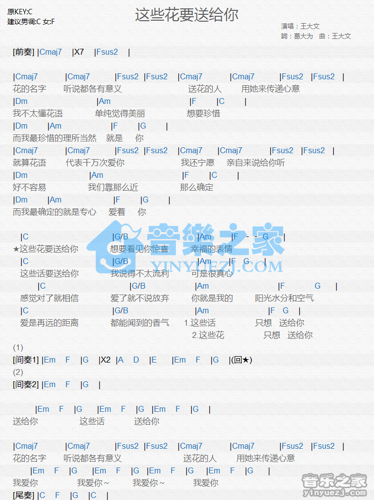 王大文《这些花要送给你》尤克里里谱