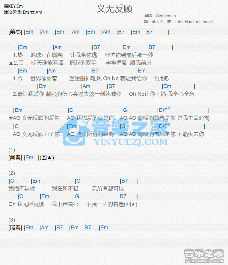 Gentleman《义无反顾》尤克里里谱