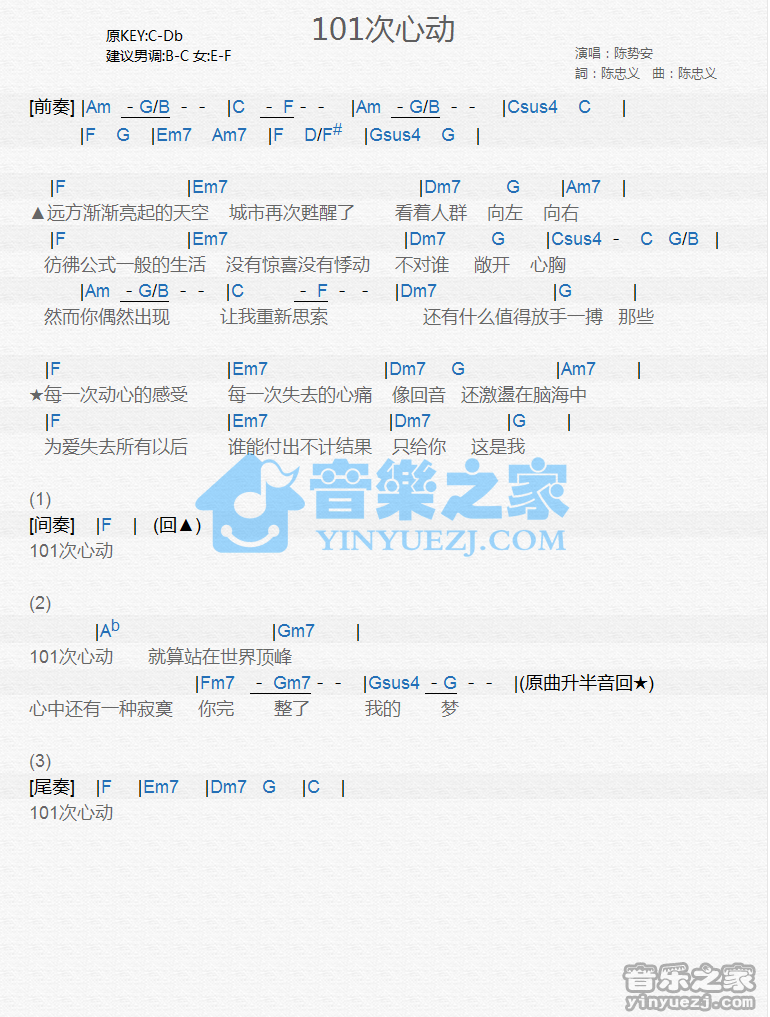 陈势安《101次心动》尤克里里谱