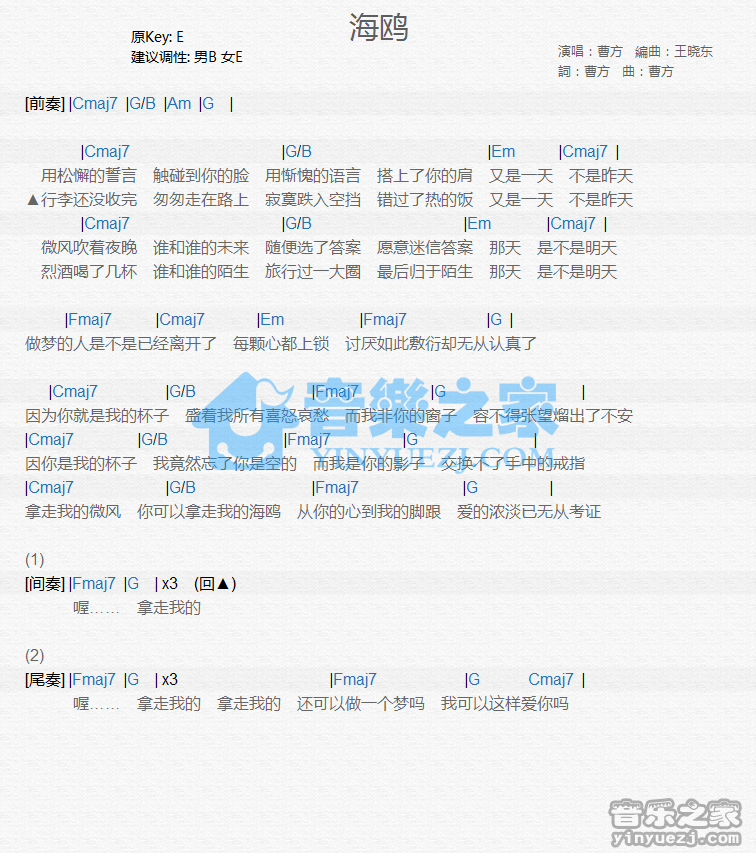 曹方《海鸥》尤克里里谱