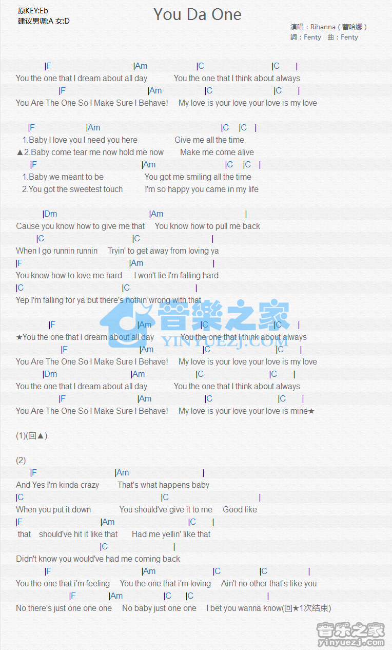 Rihanna《You Da One》尤克里里谱