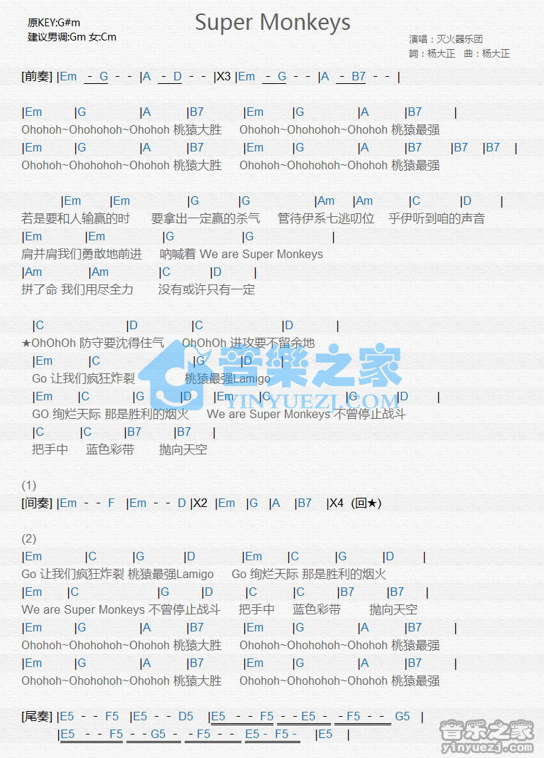 灭火器《Super Monkeys》尤克里里谱