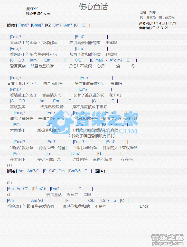胡夏《伤心童话》尤克里里谱