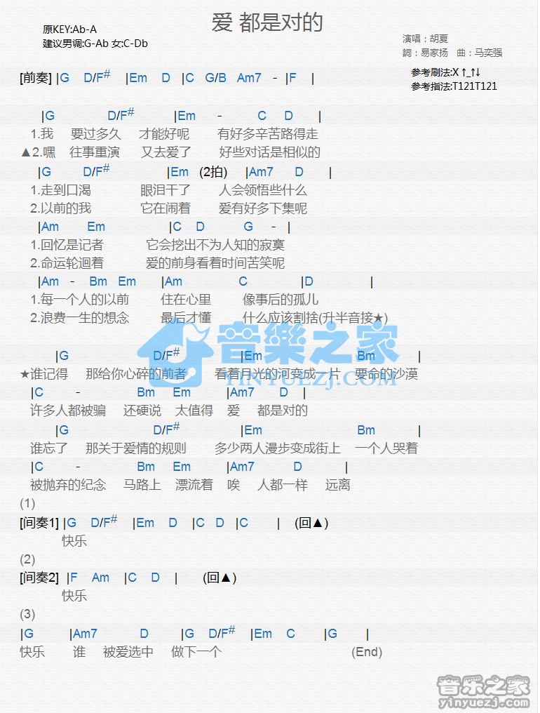 胡夏《爱都是对的》尤克里里谱
