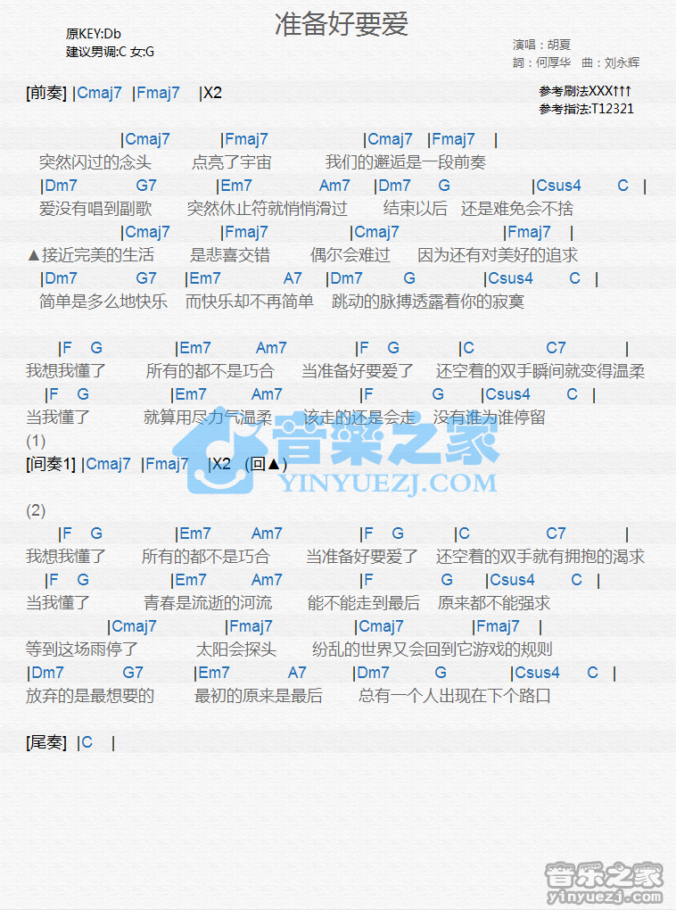胡夏《准备好要爱》尤克里里谱