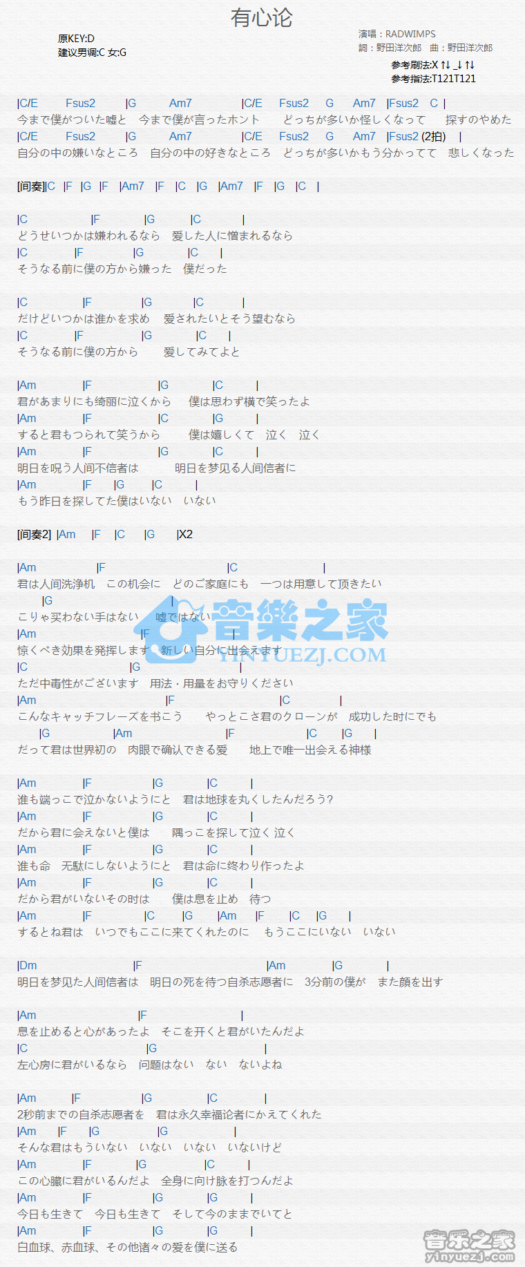 RADWIMPS《有心论》尤克里里谱