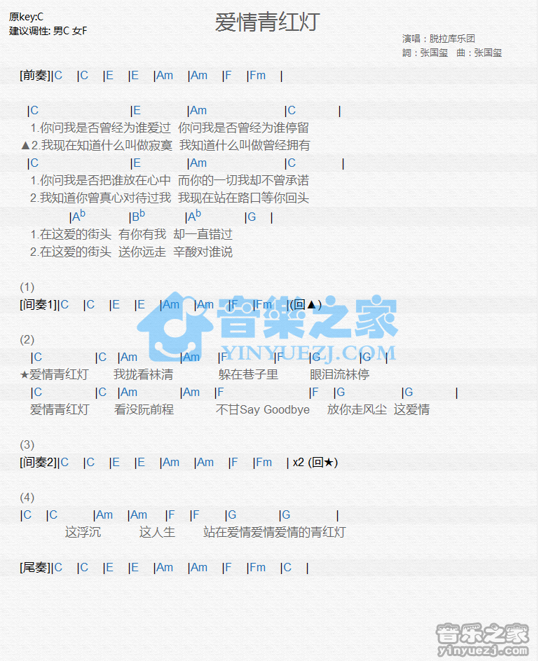 脱拉库《爱情青红灯》尤克里里谱
