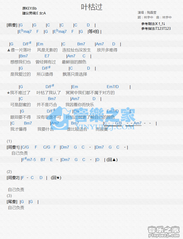 陶晶莹《叶枯过》尤克里里谱