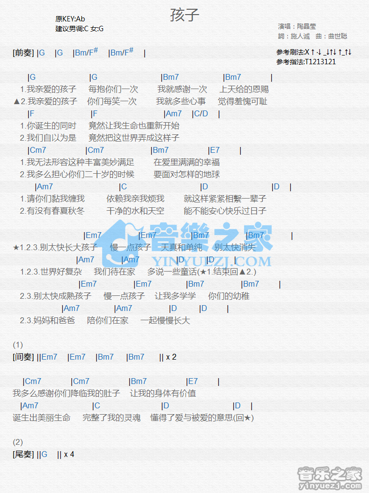 陶晶莹《孩子》尤克里里谱