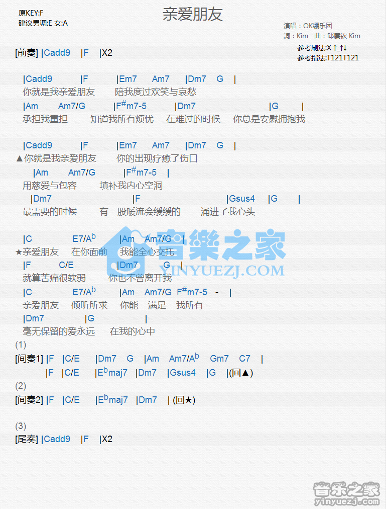 OK绷《亲爱朋友》尤克里里谱