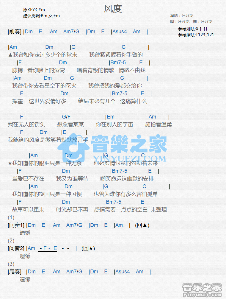 汪苏泷《风度》尤克里里谱
