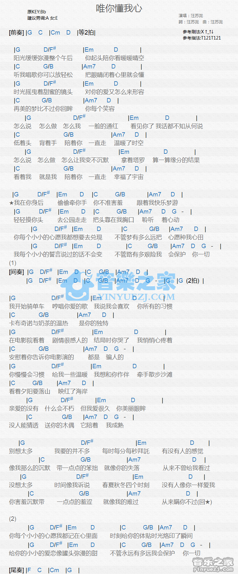 汪苏泷《唯你懂我心》尤克里里谱