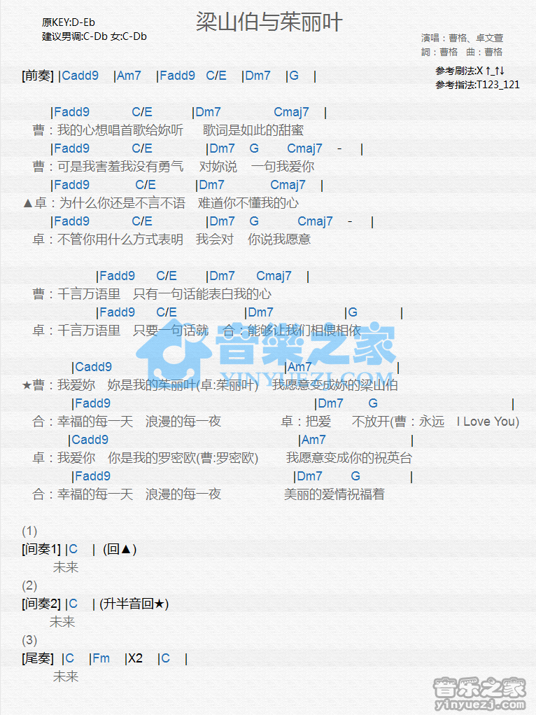 曹格/卓文萱《梁山伯与茱丽叶》尤克里里谱