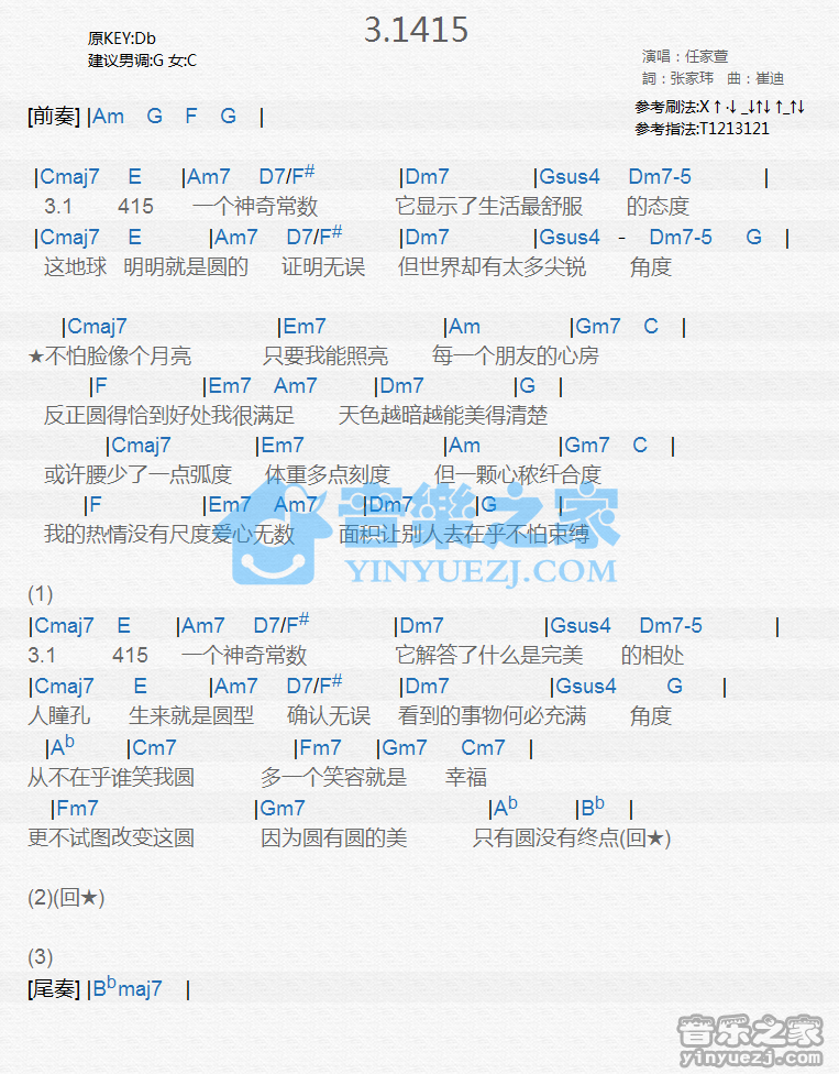 任家萱《3.1415》尤克里里谱